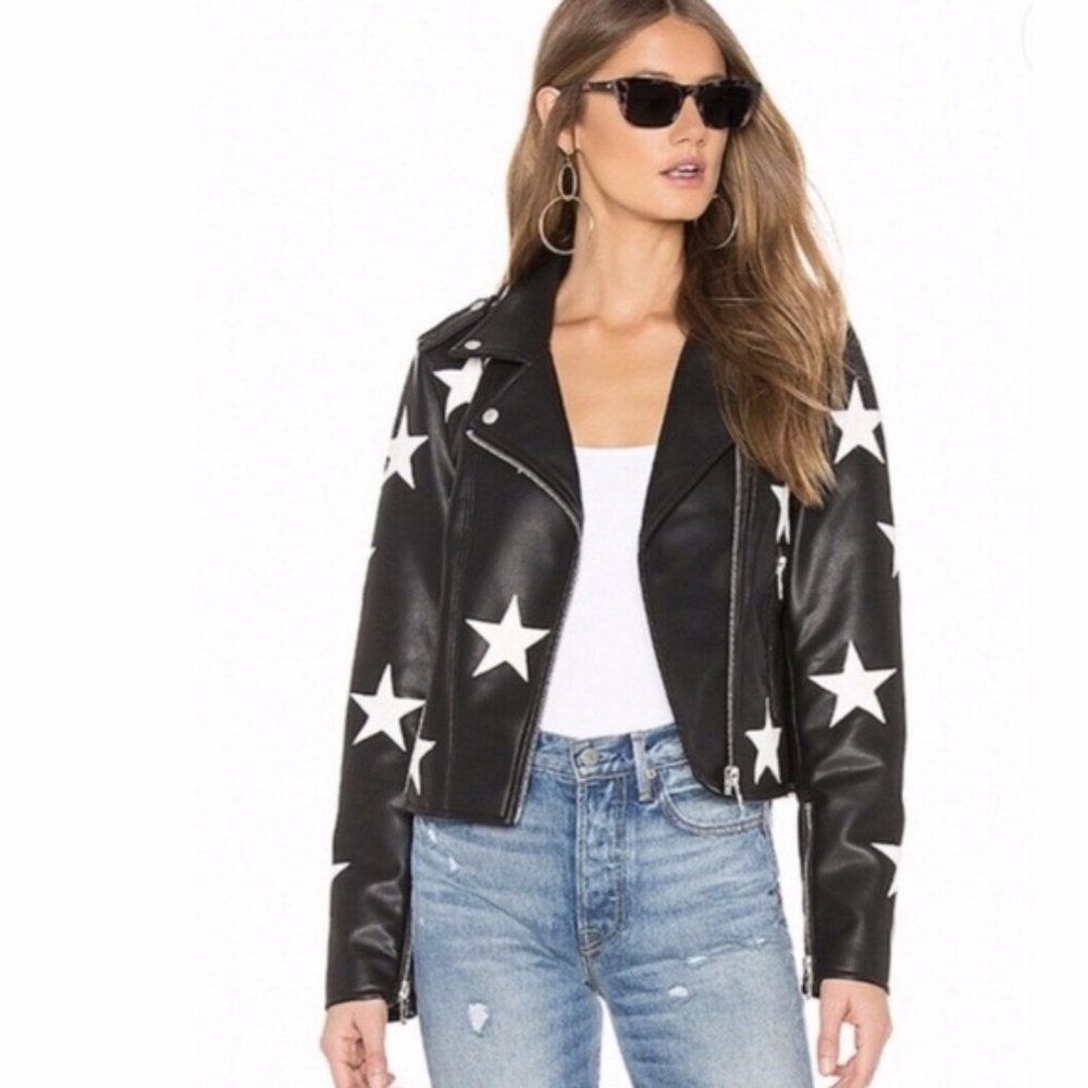 BLANK NYC FAUX BLACK LEATHER JACKET STARS SZ S NEW